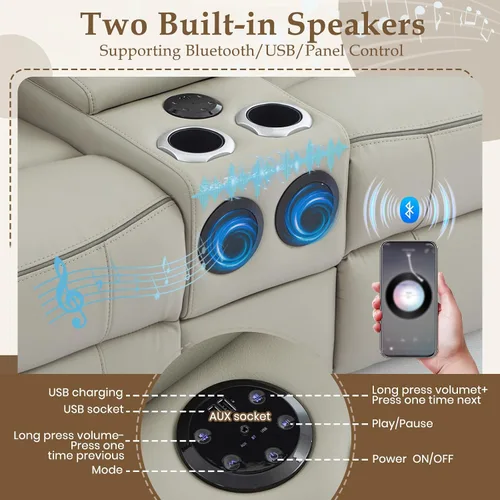 Miniatura 3 de Sofá biplaza reclinable eléctrico con luz de lectura LED, cajón de almacenamiento, altavoces Bluetooth, sofá reclinable de pared con enchufes