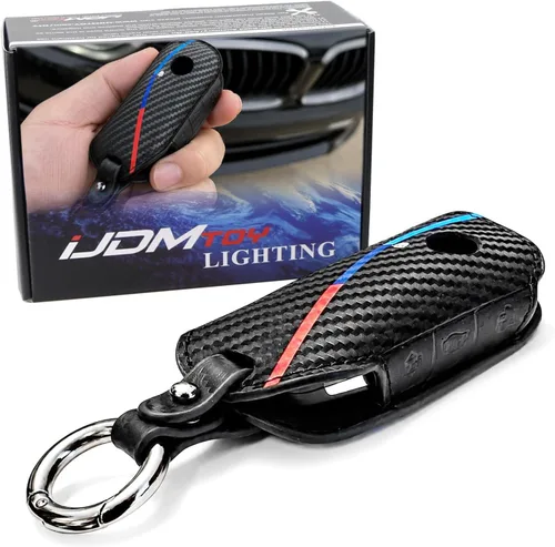 Miniatura 8 de iJDMTOY Emblemático llavero de cuero con patrón de fibra de carbono negro de 3 colores con llavero compatible con el mando a distancia BMW