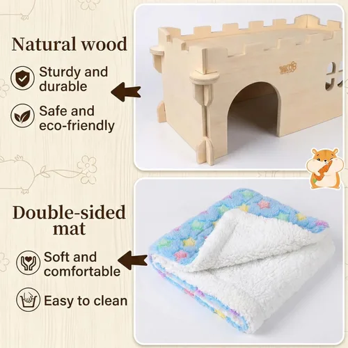 Miniatura 4 de Casa Castle Chinchilla, Refugio para Animales Pequeños para Chinchilla, Conejillo de Indias, Erizo o Rata, Cabaña de Madera Ventilada para Conejillo