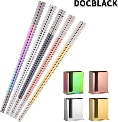 Miniatura 9 de DOCBLACK Palillos de acero inoxidable con soporte para palillos, estante de secado de utensilios, 5 pares de palillos reutilizables aptos