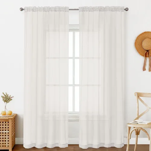 Miniatura 222 de OVZME - Cortinas traslúcidas blancas de 45 pulgadas de largo, 2 paneles, cortinas de gasa con bolsillo para barra para ventanas pequeñas, cada una