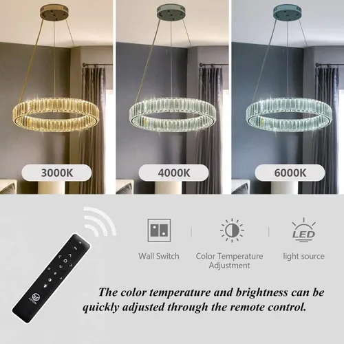 Miniatura 4 de Candelabros modernos de cristal con control remoto, 3000-6000 K 20 pulgadas, anillo de oro de 20 pulgadas, lámpara LED regulable de cristal redondos