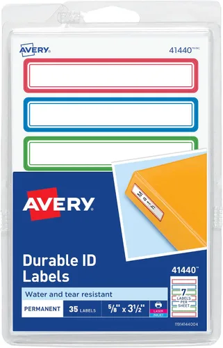 Avery Etiquetas duraderas para equipo de niños, 5/8 pulgadas x 3-1/2 pulgadas, colores de borde surtidos, etiquetas resistentes al agua, 35 en total