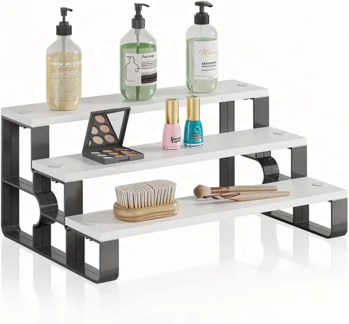 Miniatura 8 de Organizador de encimera de baño con cesta de artículos de tocador, estante de almacenamiento de encimera de baño de 2 niveles con almohadilla