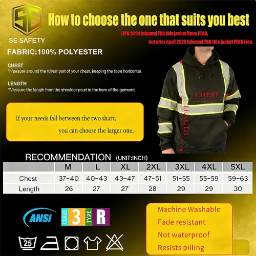 Miniatura 5 de SEsafety Sudadera con capucha con cremallera de alta visibilidad, sudadera de seguridad reflectante clase 3 con parte inferior negra, chaqueta