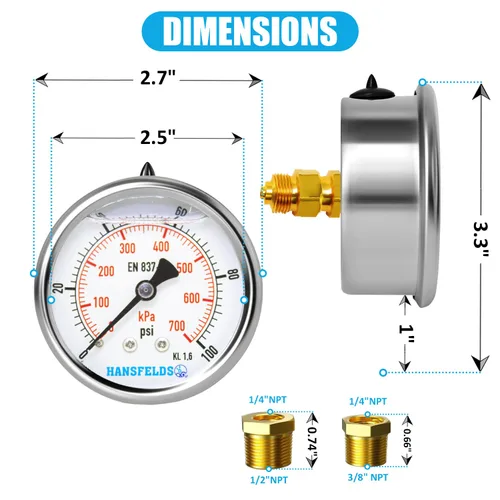 Miniatura 3 de Medidor de presión relleno de líquido de 0-100 psi, cara de dial de 2.5 pulgadas, carcasa de acero inoxidable para montaje trasero NPT de 1/4