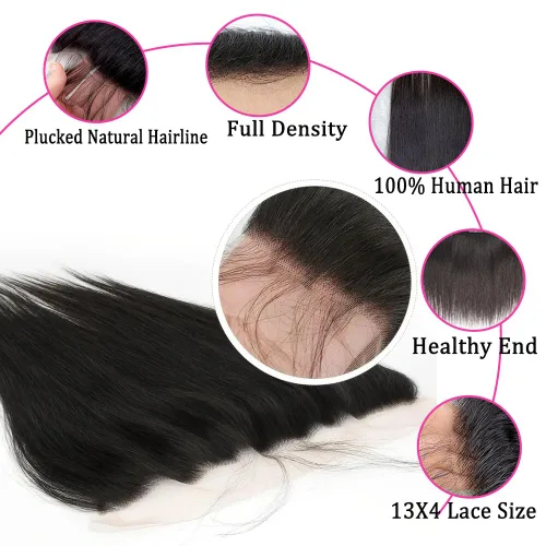 Miniatura 3 de Pelucas de encaje frontal de 13x4, de oreja a oreja, con cierre recto, cabello humano liso brasileño, con abuelitos, prearrancadas, con densidad