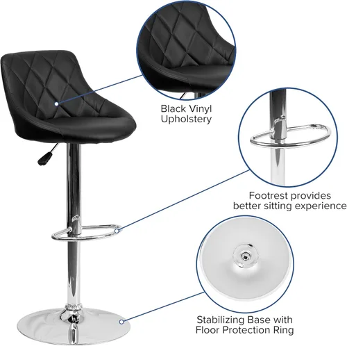 Miniatura 5 de Flash Furniture CH-82028A-BK-GG asiento de vinilo negro de diseño contemporáneo, banqueta alta ajustable con base cromada, Vinilo, Negro