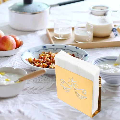 Miniatura 6 de Stainless Steel Napkin Rack with Gold Floral Pattern, Stylish Serviette Holder for Hotel and Home Use, Square Tissue Stand for Dining Table and