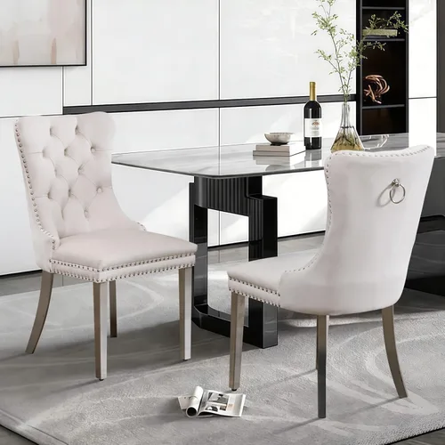 Miniatura 75 de Juego de 2 sillas de comedor de terciopelo tapizadas con ribete de cabeza de clavo y patas doradas chapadas en acero inoxidable para cocina