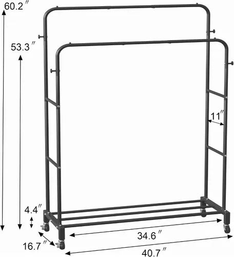 Miniatura 5 de Sooyee Perchero de doble barra con ruedas, perchero de 3 niveles para colgar ropa, perchero portátil con 4 ganchos para dormitorio, cuarto de Negro