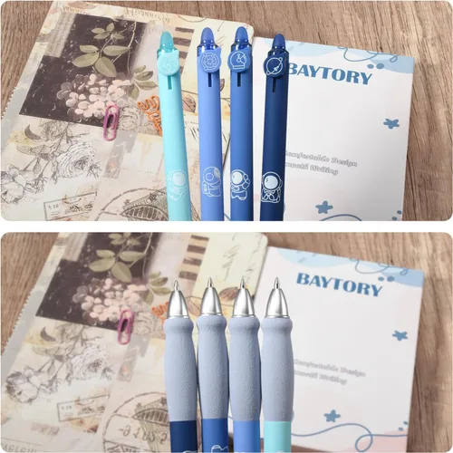 Miniatura 6 de BAYTORY 8 piezas de lindos bolígrafos de gel retráctiles y borrables, bolígrafo de tinta azul y negra con borrador transparente, escritura suave