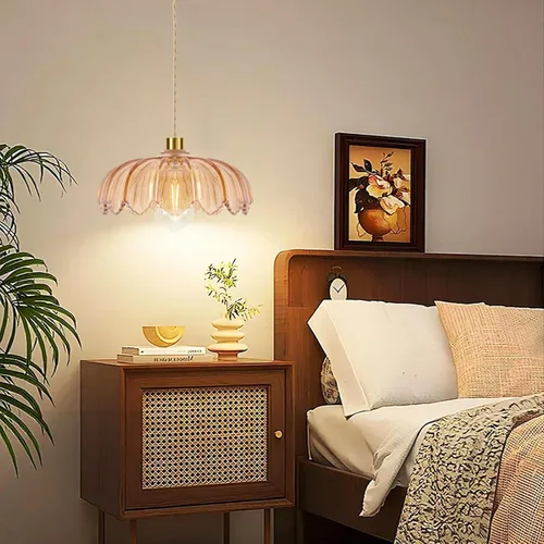 Miniatura 3 de QIYIZM Lámpara Colgante con Enchufe Luces Colgantes con Cable de Enchufe Lámpara Colgante de Vidrio Vintage Dorada Regulable Lámpara de Techo Floral