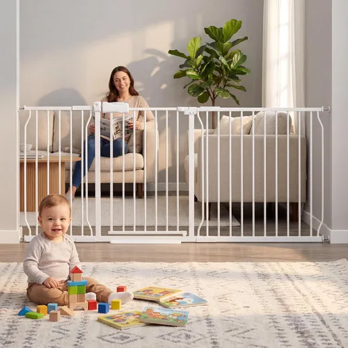 HOOEN Puerta de bebé extra ancha para puertas y escaleras, puerta de bebé blanca montada a presión, puerta de paso para niños o mascotas, puertas de
