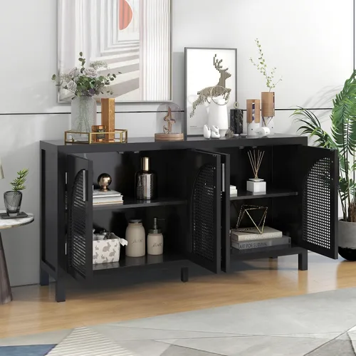 Miniatura 4 de Aparador de madera con puerta de ratán artificial y asas de metal, 4 puertas y estante ajustable, mesa de consola para comedor, sala de estar