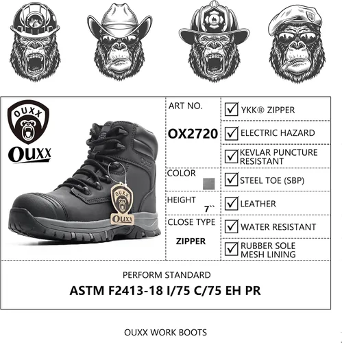 Miniatura 8 de Botas de trabajo para hombre, zapatos con punta de acero y cremallera lateral, resistentes al agua, antideslizantes, a prueba de pinchazos (OX2720)