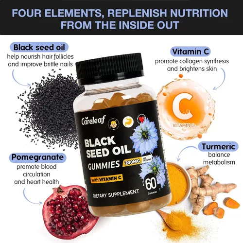 Miniatura 6 de Gomitas de aceite de semilla negra con cúrcuma y granada Suplemento antioxidante de 200 mg para apoyo inmunológico, salud de la piel y el corazón