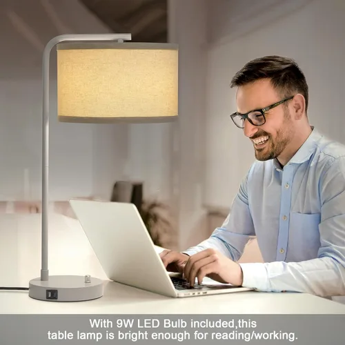 Miniatura 7 de Lámpara de mesa con puertos USB C+A, lámpara de mesita de noche completamente regulable para sala de estar, lámpara de cabecera moderna gris