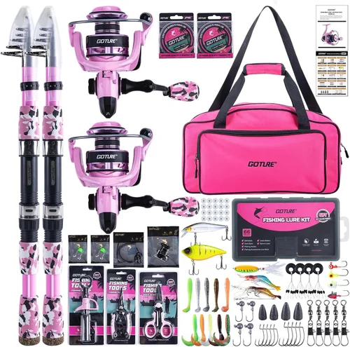 Miniatura 23 de Goture Combo de caña de pescar y carrete rosa - Carrete giratorio ML Action con bolsa rosa - Kit de caña telescópica para principiantes, viajes
