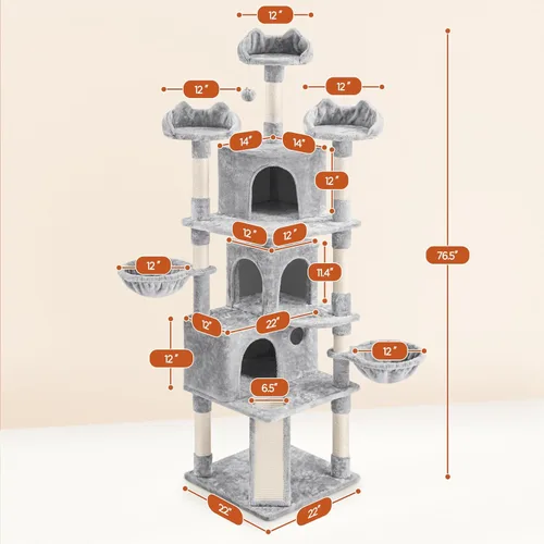 Miniatura 6 de Yaheetech Árbol grande para gatos de 76.5 pulgadas, torre grande para gatos con 3 condominios, perchas de felpa acogedoras, 9 postes rascadores