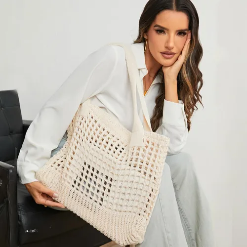 Miniatura 4 de ENBEI Bolsa de playa para mujer, diseño hueco de punto de ganchillo, elegante para la playa, viajes y uso diario