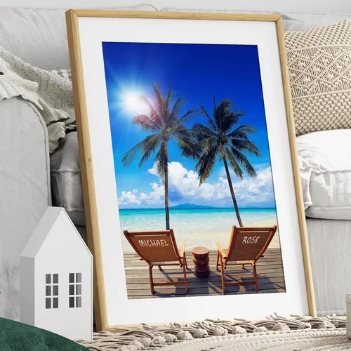 Miniatura 128 de Arte enmarcado de vacaciones con nombres de pareja en sillas de cubierta, regalo de amor perfecto para aniversario, boda. Con diferentes estilos