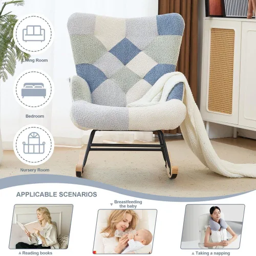 Miniatura 5 de Mecedora tapizada para cuarto de bebé, mecedora tapizada con respaldo alto, silla auxiliar cómoda para sala de estar, dormitorio, oficinas