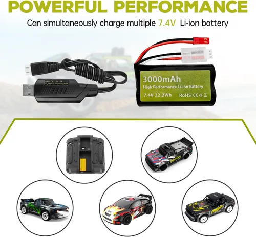 Miniatura 6 de Batería de iones de litio de 7.4 V 3000 mAh 15C 2S con enchufe JST-2P con cable de carga USB para UDIRC UD1601 UD1602 SG1603 RC Car 1/10, 1/12, 1/16