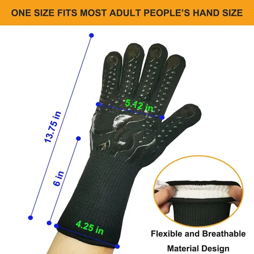 Miniatura 2 de Guantes de horno con dedos para barbacoa, resistentes al calor, guantes de horno de 1472 ℉ 14 pulgadas, resistentes a cortes, guantes de cocina