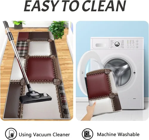 Miniatura 6 de Reddish Brown Kitchen Rugs, 3D Leather Patchwork Non Skid Washable Comfort Mats for Floor, Anti Fatigue Kitchen Cushioned Runner Rug Retro Plaid