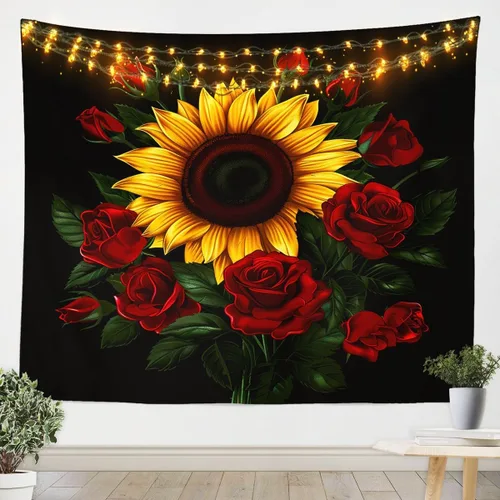 Manfei Tapiz de girasol amarillo con rosas rojas para colgar en la pared, decoración de habitación de niños y niñas, tapiz de acuarela floral con