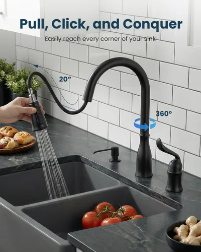 Miniatura 5 de APPASO Grifo de cocina de 3 agujeros con rociador extraíble, grifos de cocina con dispensador de jabón, 3 piezas de grifo de fregadero de cocina