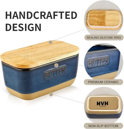 Miniatura 6 de HVH Mantequillera de cerámica con tapa para encimera, hermético con tapa de madera, platos de mantequilla con tapas, recipiente de mantequilla