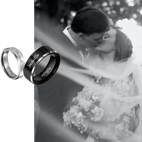 Miniatura 6 de Anillos personalizados a juego para parejas, anillos de promesa de acero inoxidable para parejas, con 2 anillos grabados dentro y fuera para hombres