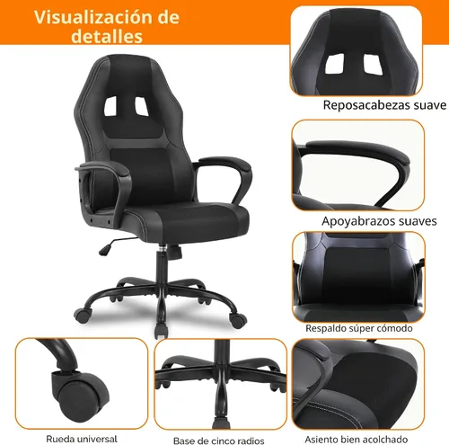 Miniatura 5 de PayLessHere Silla ergonómica de oficina para videojuegos, silla de computadora con soporte lumbar, silla ejecutiva ergonómica de piel sintética Negro