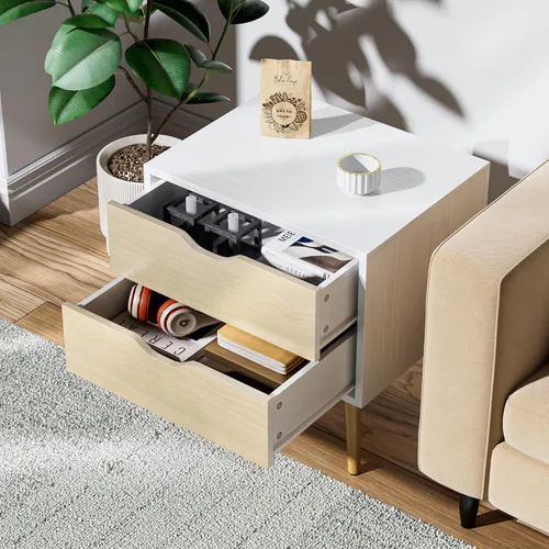 Miniatura 6 de BVIUNTWO Mesita de noche blanca con 2 cajones para dormitorio, pequeña cómoda de roble blanco con cajones, mesa auxiliar, mesa auxiliar