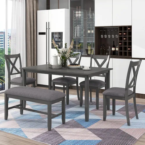 Miniatura 11 de Harper & Bright Designs Juego de mesa de comedor de 6 piezas, juego de mesa de comedor con mesa de comedor rectangular de madera, 4 sillas