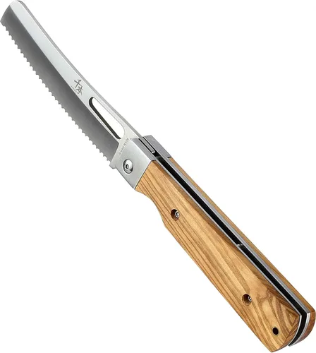 Miniatura 5 de SENBON Cuchillo de bolsillo plegable de acero inoxidable 440A con sierra para pan japonés, mango natural de oliva, para camping al aire libre