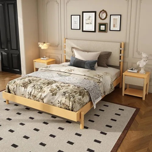 Miniatura 4 de Moderno juego de base de cama Queen con 2 mesitas de noche, cama de plataforma de madera beige con cabecero y mesitas de noche a juego