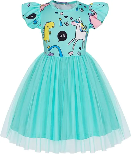 Miniatura 18 de WonderBabe Vestido de tul para niñas pequeñas, traje de unicornio, manga con volantes, ropa de cumpleaños, vacaciones, falda tutú casual de sirena