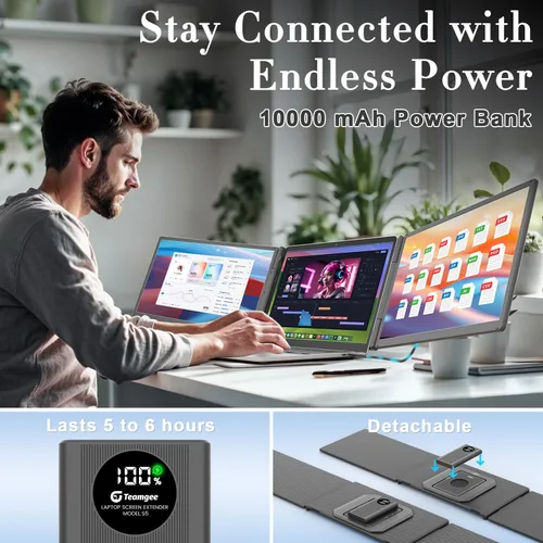 Miniatura 2 de Teamgee Extensor de pantalla para laptop de 15.6 pulgadas con banco de energía, monitor triple FHD 1080P IPS, pantalla HDMI/USB/Hub Plug-Play, se