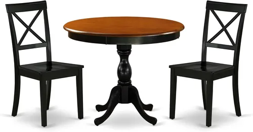 East West Furniture AMBO3-BCH-W Juego de mesa y sillas de cocina de 3 piezas contiene una mesa de comedor redonda con pedestal y 2 sillas de asiento