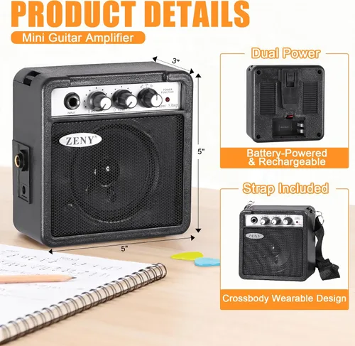 Miniatura 7 de ZENY Guitarra eléctrica para niños de 30 pulgadas con amplificador de 5 W, bolso de concierto, correa, cable, cuerdas y púas, kit de accesorios Negro
