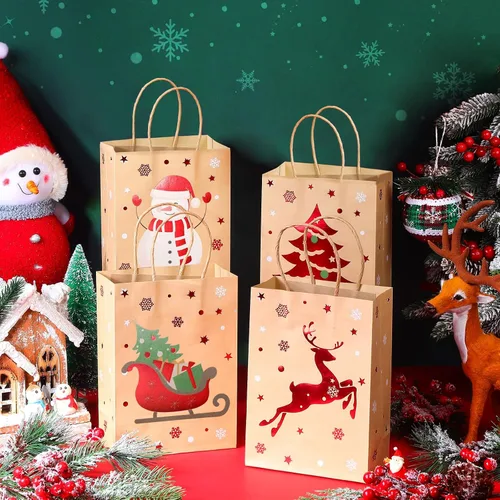 Miniatura 3 de Yeaqee 80 piezas - bolsas de regalo de Navidad - tamaño pequeño - Merry Christmas Xmas - bolsas de regalo de Navidad con asas - bolsas de papel