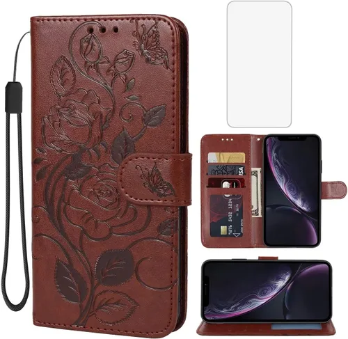 Miniatura 10 de Funda para iPhone XR con protector de pantalla de vidrio templado, funda de cuero con diseño de flor para tarjeta de crédito con soporte para iPhone