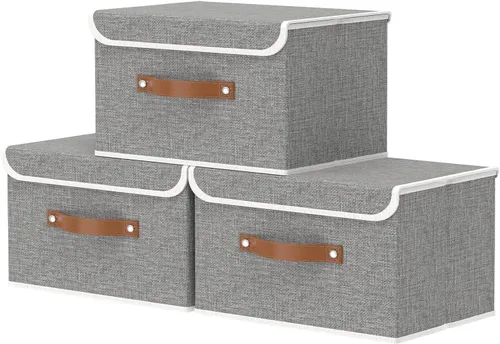Miniatura 22 de OUTBROS Caja de almacenamiento plegable grande con tapa, organizador de armario de tela de lino, contenedores para toallas, ropa, 15 x 9.8 x 9.8
