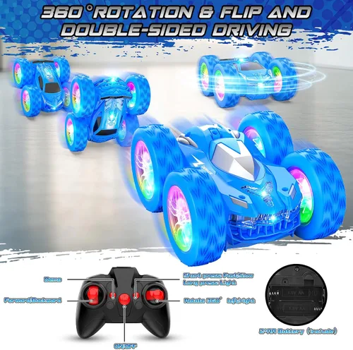 Miniatura 4 de Wupuaait Auto a control remoto para niños, autos de acrobacias a control remoto, juguetes para niños de 4 a 7 años con patrón de doble cara y flash