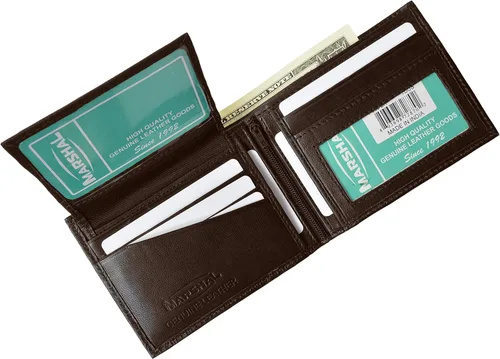 Miniatura 2 de Cartera de cuero genuino de calidad bi-fold ID con cremallera para hombre marrón
