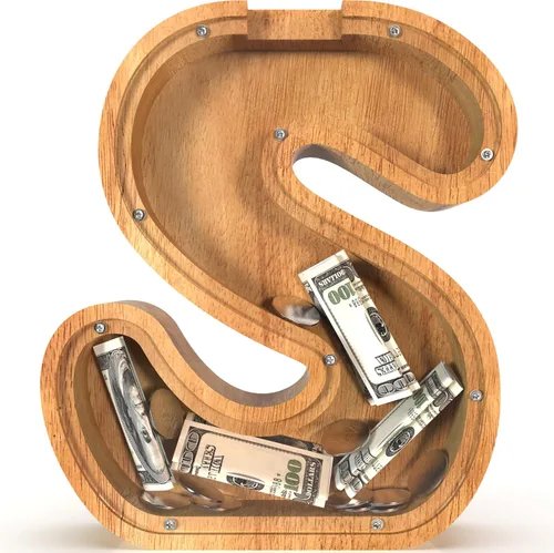 Miniatura 100 de Alcancía para niños y niñas, alcancía grande de madera personalizada con diseño recortado, bancos de monedas con letras del alfabeto, caja de ahorro
