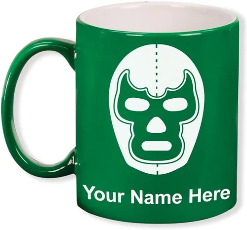 Miniatura 13 de LaserGram Taza de café redonda de cerámica de 11 oz, máscara de Luchador, grabado personalizado incluido (negro)